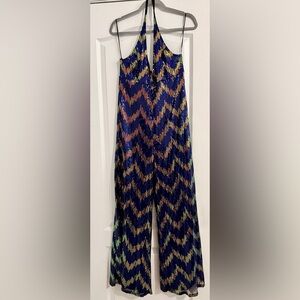 Oak & Trellis Sequin Chevron Wide-Leg jumpsuit- Navy with Metallic Accents